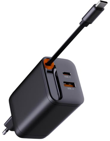 Caricatore USB-C 65W con Cavo Retrattile – Alimentatore da Muro Fast Charge PD con 3 Porte (USB-C + USB-A), Spina EU, Ricarica Rapida per Laptop, Smartphone e Tablet – Compatto da Viaggio