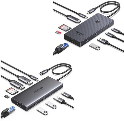 UGREEN Docking Station, 10-in-1 USB C Hub with Dual 4K@60Hz, Single 8K@30Hz, Gigabit Ethernet, 100W PD, 4x 5Gbps USB Data Ports, SD/TF & 9-in-1 USB-C Hub (4K@60Hz HDMI to USB-C Adapter)