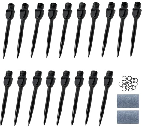 QOOSIKICC 18 PzPunte Freccettes, Darts Punte Morbide per Freccette, Punte per Freccette in Plastica di Ricambio con Filettatura 2BA, con 50 O-Ring e 2 Pietre per affilare(Nere)