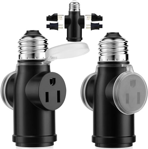 Onite 2-Pack Light Socket Outlet Adapter ā Convert E26 Socket to 3-Prong Plug Outlet with Bulb Socket Kept, Dust-Proof Cover, Flame Retardant PBT, Indoor & Outdoor Use, Black