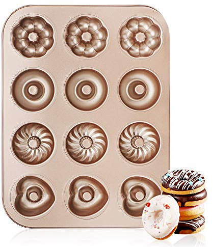 Beasea Donut Baking Pans, 1 Pack Nonstick Small Mini Doughnut Pans 12 Cavity Carbon Steel Bagel Oven Baking Tray Sheet