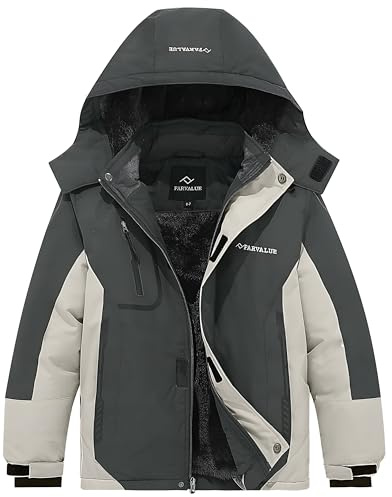 FARVALUE Boys Waterproof Ski Jacket Windproof Winter Coat Warm Snow Coat Outdoor Raincoats with Removable Hood Grey 10-12