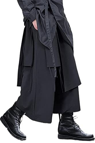 AITFINEISM Men's Casual Skirt Pants Loose Wide Leg Harem Pant Japanese Harajuku Kimono Trousers (Large, Black)