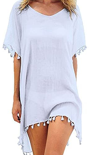 FFWTPY Mujer Suelto Vestido de Playa V Cuello Gasa Camisolas y Pareos con Borla Ropa de Baño de Playa Transparente Bikini Cover Up