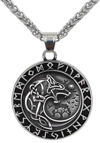 ZFSBRTL Collana con Ciondolo Fenrir Lupo Vichingo Odin, Amuleto Mitologia Norrena da Uomo in Acciaio Inossidabile Oro E Argento Runa Vegvisir, Gioielli Celtici, Catena da 60 cm,Argento