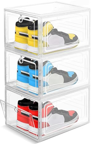 Cinnani Schuhbox 3er, Schuhboxen Stapelbar Transparent mit Deckel, Kunststoff Schuhkarton Schuhaufbewahrungsbox 34.6x27x19cm, Shoe Box für Stöckelschuhe, Stiefeletten, Pumps, High Tops, Bis Grösse 47