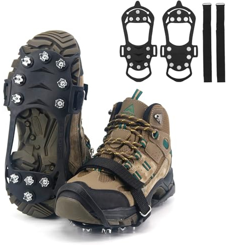 NewDoar Schneegriffe rutschfeste Steigeisen Traktion 11 Spikes Edelstahl-Eisstollen mit Riemen für Schuhe Stiefel Sicherer Schutz beim Bergsteigen Klettern Wandern Spazierengehen Angeln-XL