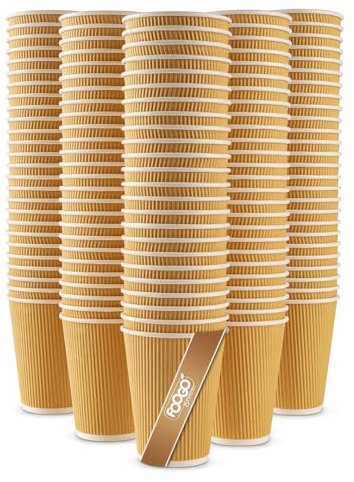 FOOGO Green 50pcs 12oz Disposable Strong Triple-Wall Brown Paper Coffee Cups, FSC® Certified, Fully Compostable, for Hot Drinks, Heat-Resistant Ripple Design, Takeaway Coffee Cups, Party