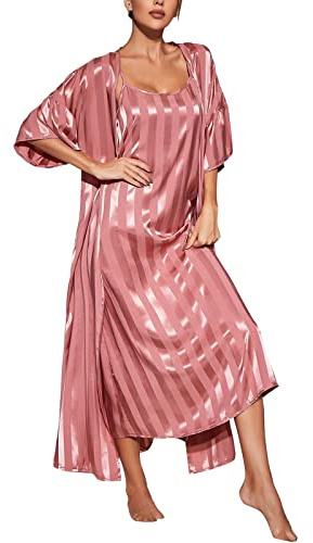 Robe de chambre légère pour femme avec chemise de nuit, ensemble sexy 2 pièces, pyjama long en soie, nuisette en satin, peignoir kimono, longue nuisette de mariage, lot de 2, peignoir de maison, robe