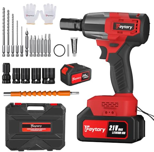 Qimu Cordless Impact Wrench, 1/2 550N.m Torque Brushless Power Gun, 21V/6.0Ah Battery, 2500RPM, 4 Socket Set & Fast Charger, Electric Impact Wrench (Red)