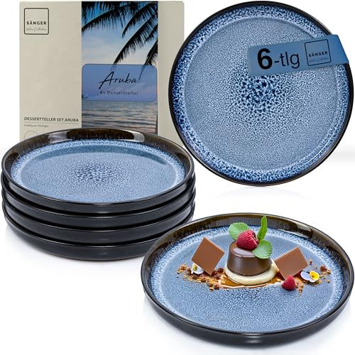 Sänger Aruba | Dessertteller 6 teilig, Steingut Teller Set 6 Personen, Kuchenteller - spülmaschinenfest mikrowellenfest multifunktional - Steingut Geschirr blau mit schwarzem Rand | VALUE COLLECTION