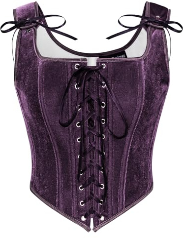 SCARLET DARKNESS Corsetto rinascimentale da donna, corsetto da pirata, con lacci, overbust, bustier in velluto, Viola, 8