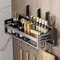 Tielag Gewürzregal Wand, Küchenregal Hängend Ohne Bohren, Wandregal Küche, 40×13.4×12CM Gewürz Organizer Metall, Gewürzhalter mit Haken und 2 Utensilienhalter, Handtuchhalter, Messerhalter, Grau