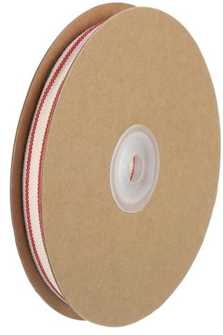 QUARKZMAN Cinta De Rayas De Algodón Natural, Rollo De Cinta De Tela De Algodón De 3/8 Pulgada X 20 Yardas, Natural Con Cinta De Grosgrain Roja Para Envolver Regalos, Manualidades DIY