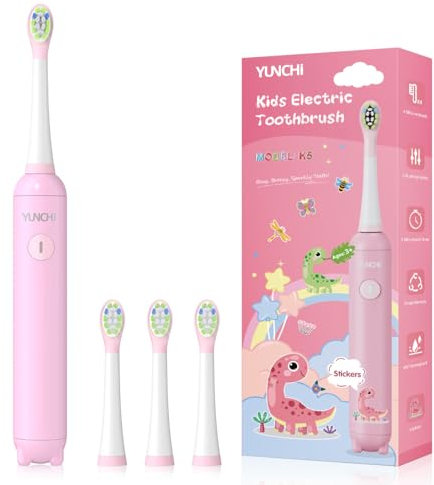 YUNCHI Elektrische Zahnbürste Kinder mit Minuten-Timer, Kinderzahnbürste ab 3-6-10-12 Jahre IPX7 Wasserdicht Electric Toothbrush weiche Borsten mit 4 weiche Ersatzbürsten (Rosa)