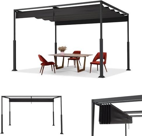 ACXIN Pergola con tetto apribile, tetto in acciaio, impermeabile, 160 g, in poliestere rivestito in PA, gazebo da giardino autoportante con protezione solare regolabile (nero, 3 x 4 m)