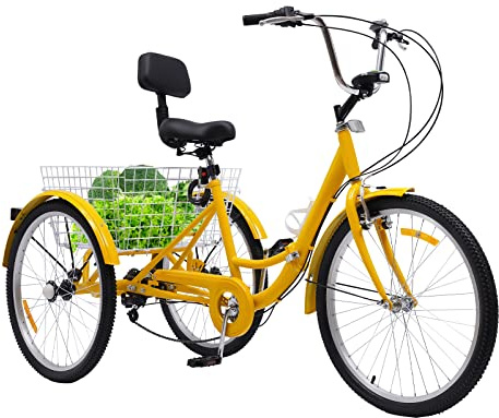 24 tums hopfällbar cykel trehjuling för vuxna/seniorer, 7-växlad 3-hjulingar vikbar cykel med shoppingkorg och stänkskärm, vuxen trehjuling vuxen trehjuling vikbar cykel för rekreation, shopping