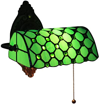 Lámpara de pared tradicional de banquero, lámpara de banquero verde, luz de lectura de cabecera de pared de vidrio de colores Tiffany retro con interruptor de cadena, pantalla ajustable, lámpara de ha