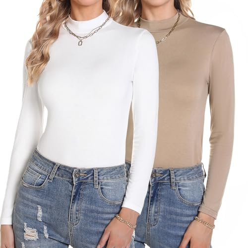 Aottori Camiseta Cuello Alto Mujer Pack de 2 Manga Larga Básica Top Elegante Sólido Camisa Casual Ligero Elástico Suave Interior Térmico T Shirt Blanco+Caqui S