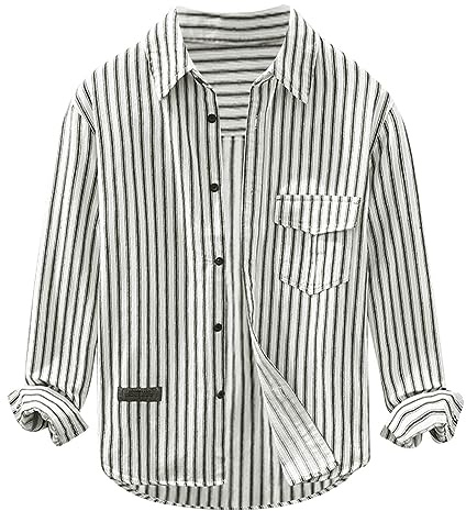Chemise Hommes Blanche Noire Rayures Slim Fit Chemise Homme Boutons Manches Longues Et Col V Hauts pour été Et Automne Men Shirt Lin Coton Chic Élégant Infroissable sans Repassage Tee Shirt (L)