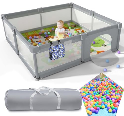 Parque infantil, que incluye 50 bolas oceánicas, parque interior y exterior, red transpirable alrededor, con ventosas (120x120x65 cm, gris)