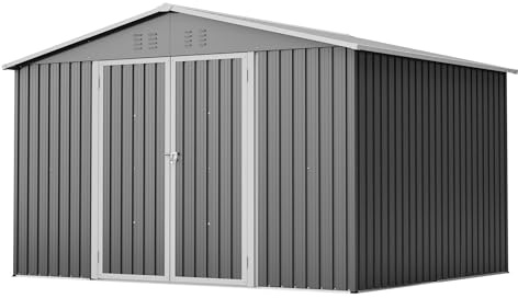 Gxffipw Gartenhaus Metall Geräteschuppen 300x252x191 cm mit Klapptür, Gerätehaus Gartenschuppen mit Satteldach und Stauraum, Gartenhütte Fahrradschuppen für Gartengeräte, Grau
