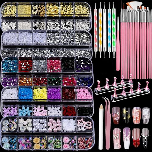 Muorruo Kit d'Outils de Nail Art et Charms, Set de Nail Art avec 5 Boîtes de Charms 3D et Strass, 15 Pinceaux de Nail Art, 5 Outils de Pointage, 2 Supports de Vernis