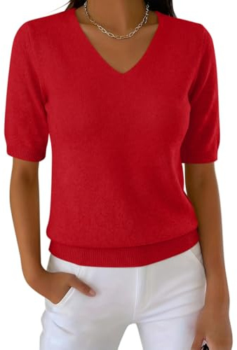 shownicer Pull Femme Manches Courtes Col V Printemps Été en Tricot Pulls Chic et Elegant Pullover Léger Basique Haut