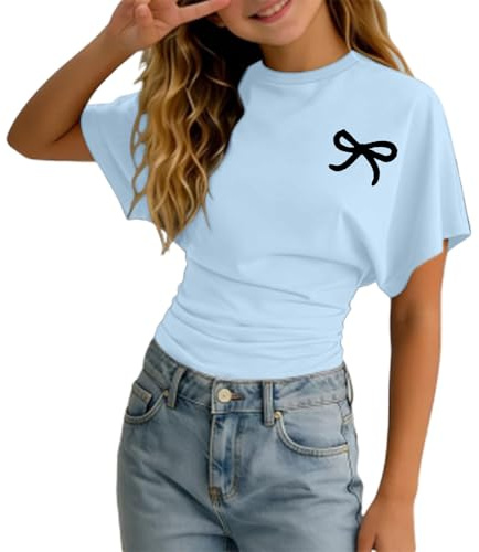 Tee Shirt Tunique Enfant Fille Manche Courte Col Rond Ete a la Mode Légère Fluide T Shirt Ado Fille été Chic Mignon Casual Sport Vacances Haut Tops 3-14 Ans