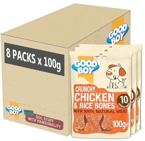 Good Boy - Crunchy Chicken and Rice Bones - Dog Treats - Made with 100% Natural Chicken Breast Meat - 100 g ℮ - Low Fat Dog Treats - Case of 8