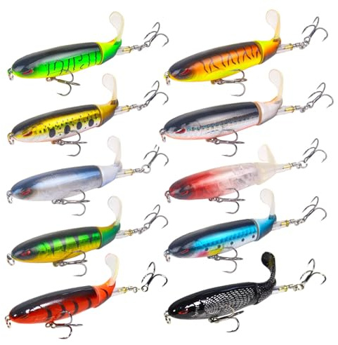 RTGSE 10Pcs Whopper Fishing Lure for Bass Popper Top Water Fishing Lures with Floating Rotating Tail Barb Treble Hooks in Saltwater Freshwater Plopping Lures Kit