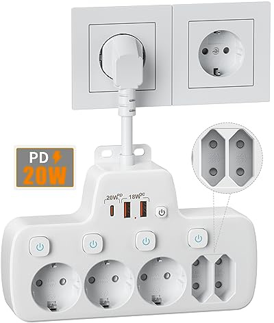 PD20W Ciabatta Multipresa con Interruttori Indipendenti,Presa Multipla Salvaspazio con USB,PD20W e QC18W Ricarica Rapida Elettrica Multipresa Protezione Sovratensione 5 Presa con Pnterruttore,Bianco