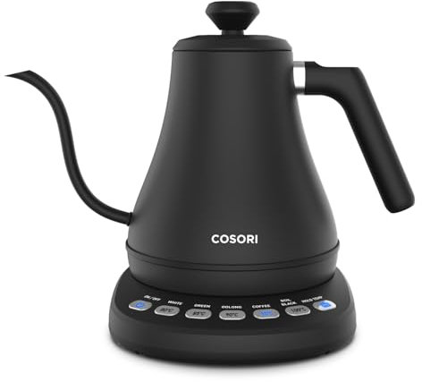 COSORI Wasserkocher Edelstahl Schwanenhals, 0,8 Liter, mit Temperatureinstellung, 80℃ bis 100℃, Warmhaltefunktion für 60 Min, Schwarz