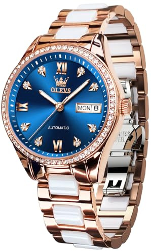 OLEVS Damen-Automatikuhr, Diamant-Lünette, modisch, wasserdicht, Kalender, zweifarbig, Edelstahl-Keramik-Armband