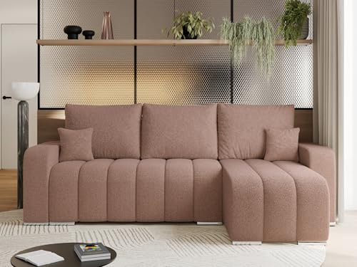 MKS MEBLE Sofa mit Schlaffunktion - Ecksofa mit Schlaffunktion und Bettkasten - Sofa 3 Sitzer - Schlafsofa - Couch - Schlafsofa mit Bettkasten - Kirasso L - Rosa Boucle