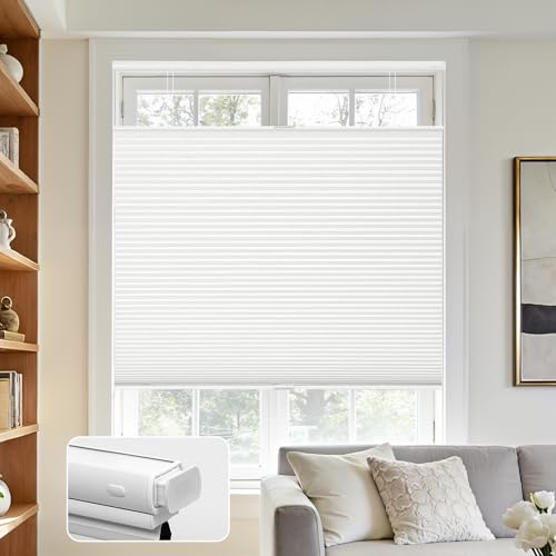 Joydeco No Tools No Drill Blinds for Indoor Windows, Cordless Window Blinds Cellular Shades Top Down Bottom Up Blackout Honeycomb Blinds Thermal Insulated Noise Reduction (White, 15 W x 36 H)