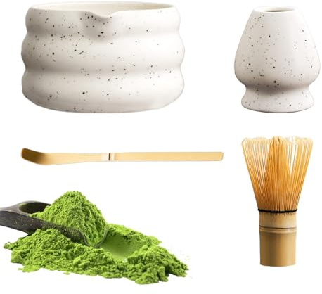 4PCS Matcha Tea Set with Whisk and Bowl, Traditional Chasen Matcha Whisk & Handmade Ceramic Matcha Bowl with Spout (White)