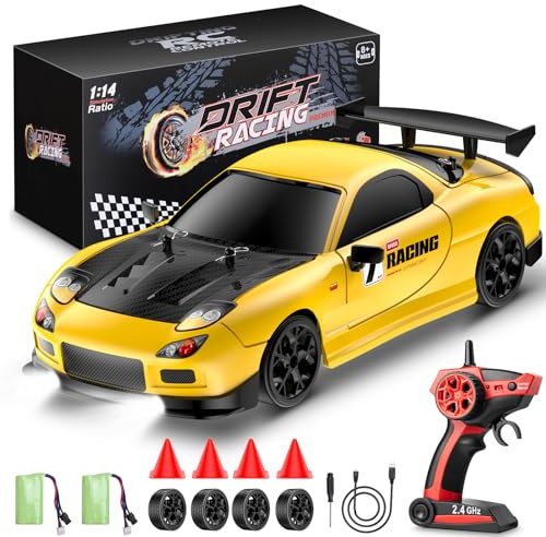 ReinbowRiff RC Drift Car, 1:14 Scale, 2.4GHz Remote Control Racing Car with LED Lights, 28km/h Speed, Dual Tyre Sets, Yellow