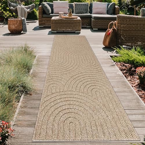 Teppich-Traum Teppich In- & Outdoor Läufer lang Flur Küche Balkon strapazierfähig pflegeleicht wetterfest formstabil Bogenmuster Beige 80 x 250 cm