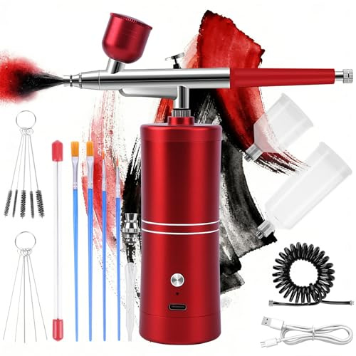 Airbrush Kit with Compressor Rechargeable Portable Air Brush Paint Kit High-Pressure Nail Airbrush with Nozzle and Cleaning Brush Set for Nail Art, Makeup, Painting, Cake Decor(Red)