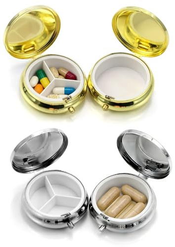 Kaiyzo 4 PCS Scatoline Portapillole in Metallo, Astuccio da Viaggio e Organizer Farmaci, 2 a 3 Scomparti e 2 a Scomparto Singolo, Capacità 30 ml, Oro e Argento