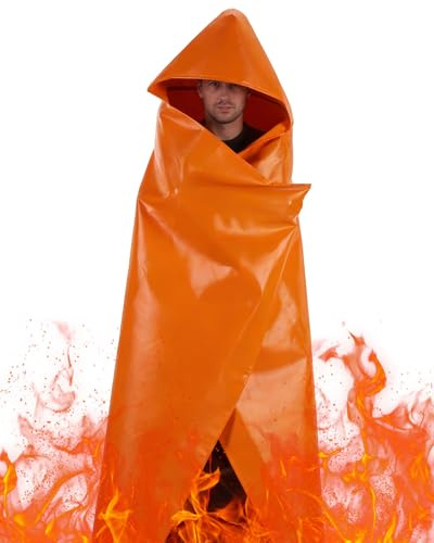 Mondoshop Fireproof Escape Cloak with Hood, Silicone Coated Fiberglass Fire Blanket, Flame Retardant Emergency Safety Cape for Home & Office Use, Orange
