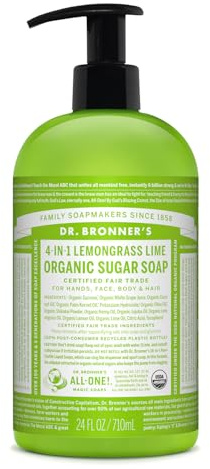 Dr Bronner's 4-in1 Organic Sugar, Lemongrass & Lime Pump Soap, Made with Organic Ingredients, Used for Hands, Body, Face and Hair, Certified Fair Trade & Vegan Friendly, 710ml Recycled Bottle