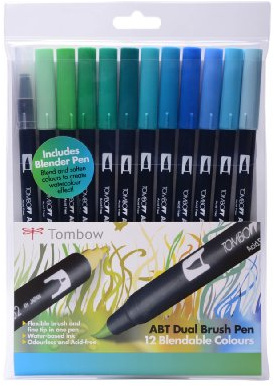 Tombow ABT Dual Brush Pen includes Blender Pen - Ocean Colours (Pack of 12)