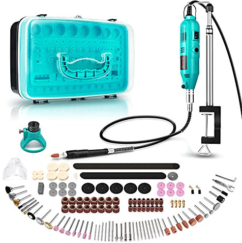 GOXAWEE Mini Amoladora Eléctrica Multiherramienta con Brazo Telescópico, Tabla de Abrazadera 288 Accesorios Kit, Herramientas Rotatorias 6 Velocidad Variable, Mini Taladro para Artesanías y Manualidad