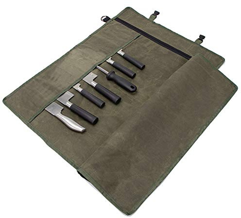 Chef’s Knife Roll Bag,Waxed Canvas Knife Cultery Carrier,Portable Chef Knife Cases,Knife Pouch Holders With 10 Slots Plus 1 Zipper Pockets Can Hold Home Kitchen Knife Tools Up To 18.8”