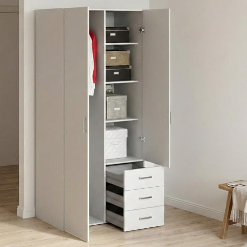 Dmora - Armoire avec deux portes battantes et trois tiroirs, couleur blanche, Dimensions 77 x 175 x 49 cm