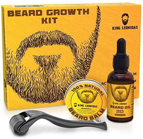 King Leonidas Beard Growth Kit mit Derma Roller 0,25 mm Microneedling Tool für Männer, professionelle Gesichtshaarpflege mit Bartbalsam und Bartöl