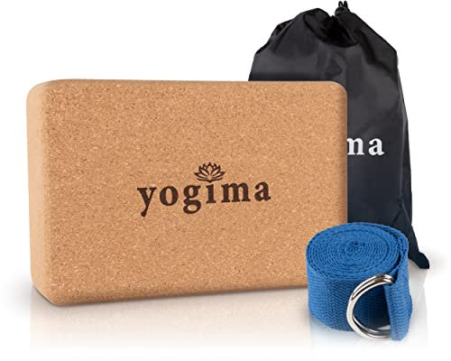 YOGIMA Yoga Block Kork inkl. Yoga Gurt 183cm für Dehnübungen – Rutschfester Yogaklotz Kork – Natürlicher Korkblock für Yoga, Pilates & Fitness - Yoga Zubehör Damen & Herren
