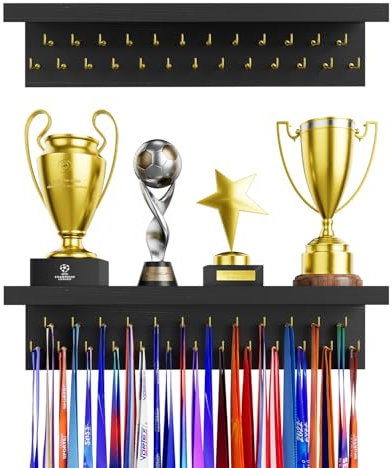 DSVENROLY Medaillenhalter Display Trophy Shelf Organizer, Stabiler Medaillenhalter Ausstellungsständer aus Holz mit 25 Stahlhaken, Medaillenhalter zur Wandmontage (2 Stück, Retro-Grau)